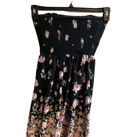 No Boundaries Juniors L Black Floral Strapless Mini Dress Smocked Button-Front - Picture 2 of 5